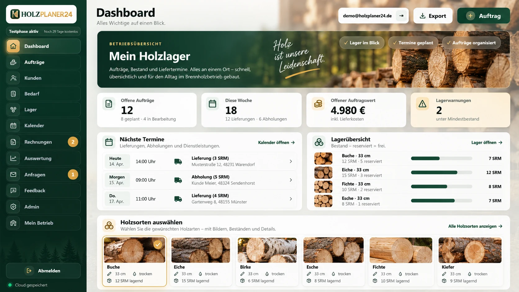 HOLZPLANER24 Dashboard mit Aufträgen, Terminen und Lagerbestand